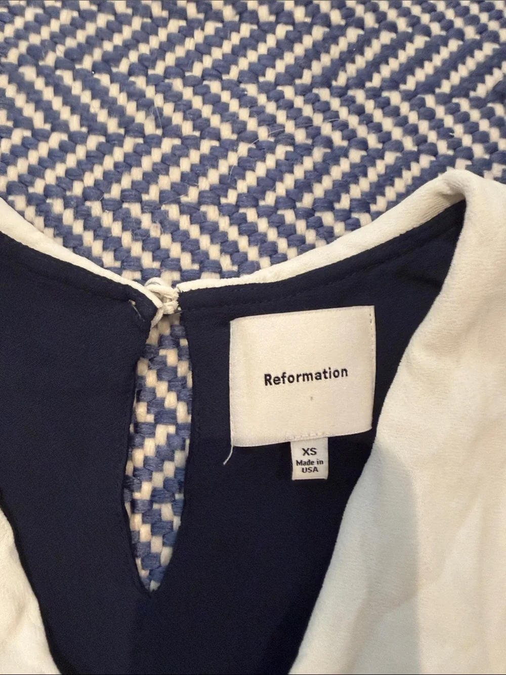Reformation Navy Polka Dot Blouse with Cream Scalloped Collar